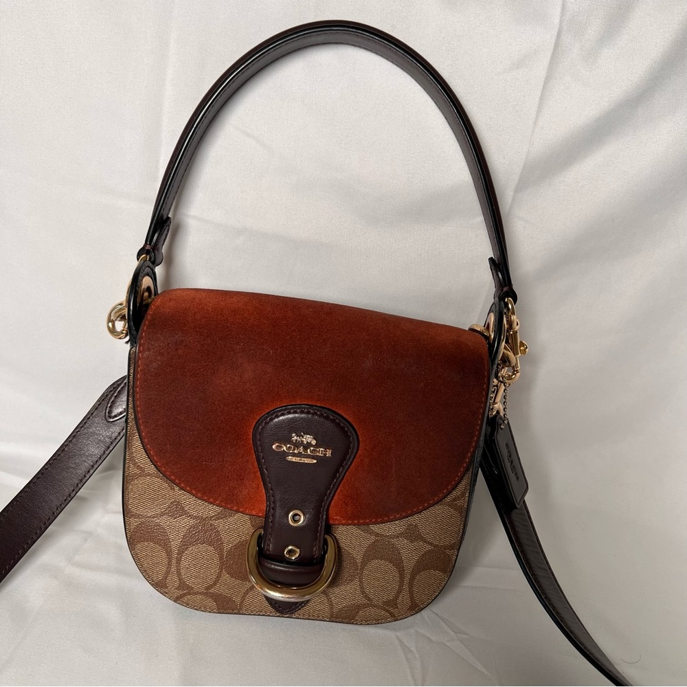 Coach Kleo Brown and Tan Suede and Canvas Shoulder Crossbody Bag Purse